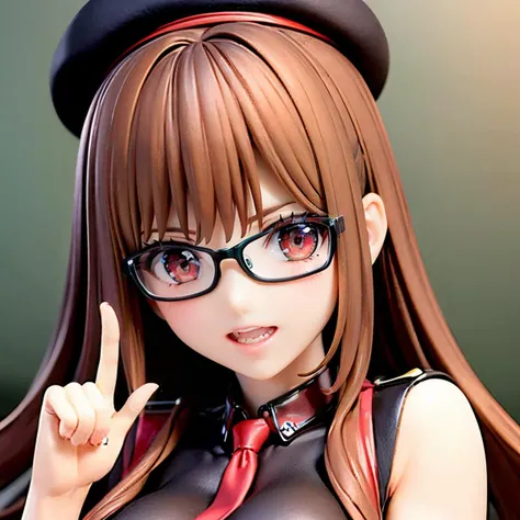 (photorealistic:1.4), masterpiece, detailed, alluring, 1girl, (five fingers), red eyes, lipstick, rapidef, black beret, (light brown hair), (face close -up) glasses, ((index finger raised)), upper teeth, <lora:UhmActually:1>, <lora:rapi-nikke-richy-v1:1>, ...