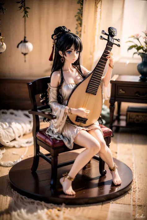 1girl,long hair,solo,sitting,jewelry,dress,black hair,chair,white dress,indoors,window,bracelet,looking at viewer,earrings,blurry,plant,realistic,brown eyes,anklet,bare shoulders,leaf,(anklet:1.2),barefoot,(pipa,playing pipa,pipa (instrument),lute:1.2),
Be...