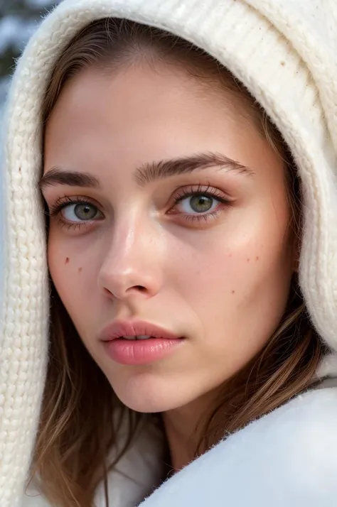 a close up of a woman wearing a white hat and a white robe