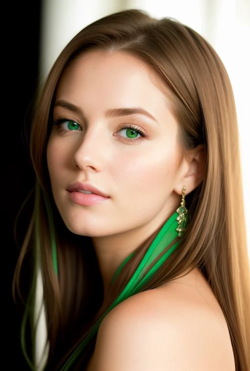 a close up of a woman with long hair wearing a green dress