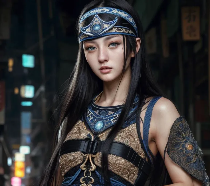 Paolo Eleuteri Serpieris art style 1girl, black_hair, blue_eyes, forehead_protector, headband, japanese_clothes, long_hair, female_focus, solo, upper_body.. Detailed, sensual, sci-fi/fantasy, intricately crafted characters and environments, with a focus on...