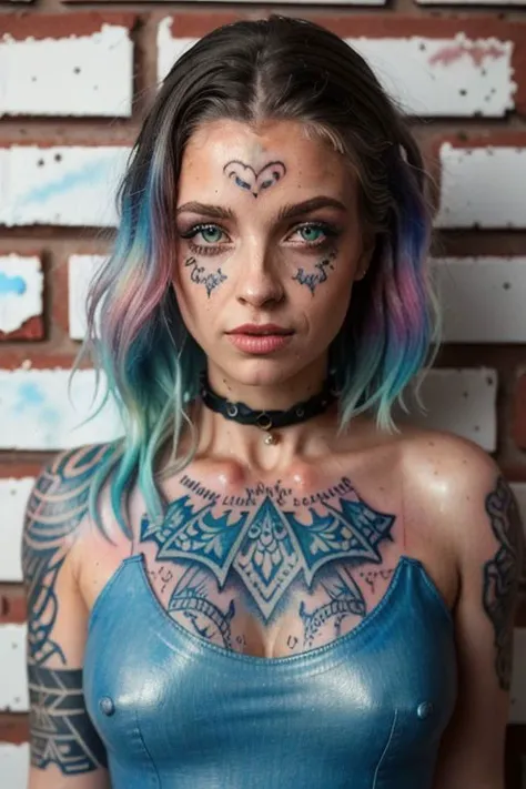 graffiti on the brick wall, grunge girl, eyelashes, big bust, open mouth, plump lips, tilted head, wet skin, detailed eyes, transparent wet dress, water, eyes, (tatto:1.3), choker, (watercolor:1.2), photorealism,cute,high detail, bohemian, elegant, aesthet...