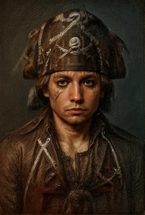 painting of a man with a pirate hat and a skull on his head