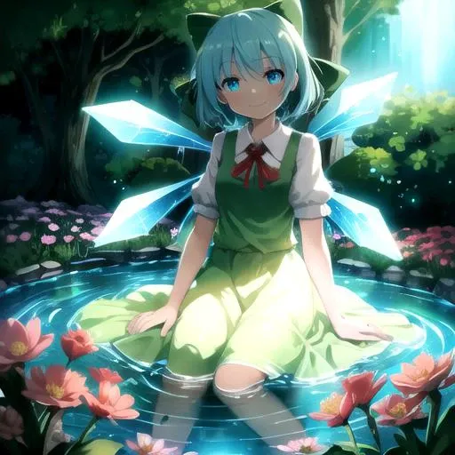 (SLE, mksks style),
1girl, cirno, cirno 4rt, ice wings, smiling, garden, pond, flowers, 
 <lora:cirno_2-05:0.7>,
vivid colours, vivid lights, cinematic lighting, frog,