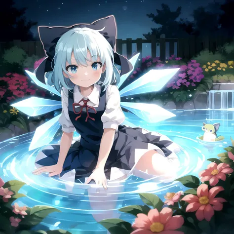 (SLE, mksks style),
1girl, cirno, cirno 4rt, ice wings, smiling, garden, pond, flowers, 
 <lora:cirno_2-05:0.7>,
vivid colours, vivid lights, cinematic lighting, frog,