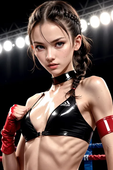 (inside fighting arena:1.2), evil look, suckerpunch girl, thigth braided hair, very skinny slender athletic body, thin waist, (small breasts:1.2), boxing pose, extremely detailed face eyes lips , (looking at viewer:1.1), (high gloss skin:1.2), badass girl