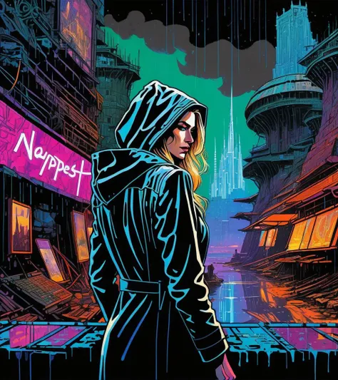 (Minki van der Westhuizen,a girl with a beautiful face), nighttime, cyberpunk city, dark, raining, neon lights, ((Wearing a blazer over a hoodie)), blazer, hoodie,(cyberpunk 2077 cityscape), (<lora:Ben Aronson Style:0.5> Ben Aronson Style ,<lora:A_Darkly_S...