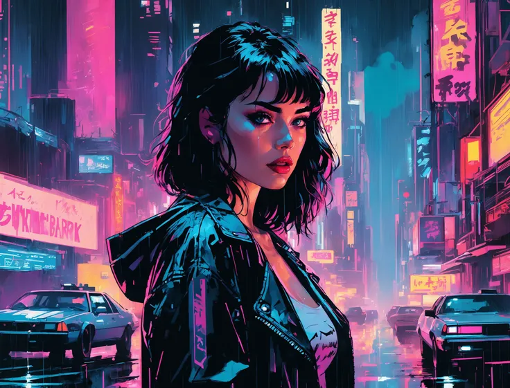 (a girl with a beautiful face), nighttime, cyberpunk city, dark, raining, neon lights , (<lora:A_Darkly_Scanner:0.5> ,<lora:John Berkey Style:0.5> John Berkey Style ), cyberpunk, synthwave, 1980s, futurism, brutalism, neuromancer, cinematic photo in Arizon...