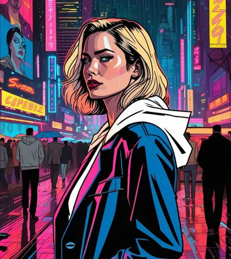 (Ana De Armas,a girl with a beautiful face), nighttime, cyberpunk city, dark, raining, neon lights, ((Wearing a blazer over a hoodie)), blazer, hoodie,(cyberpunk 2077 cityscape), (<lora:A_Darkly_Scanner:0.5> ,<lora:Cyber_Background_sdxl:0.5>), cyberpunk 20...