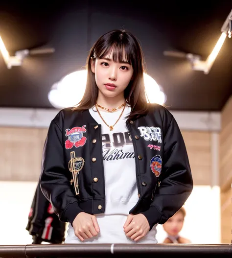 a close up of a woman in a black jacket standing in a room