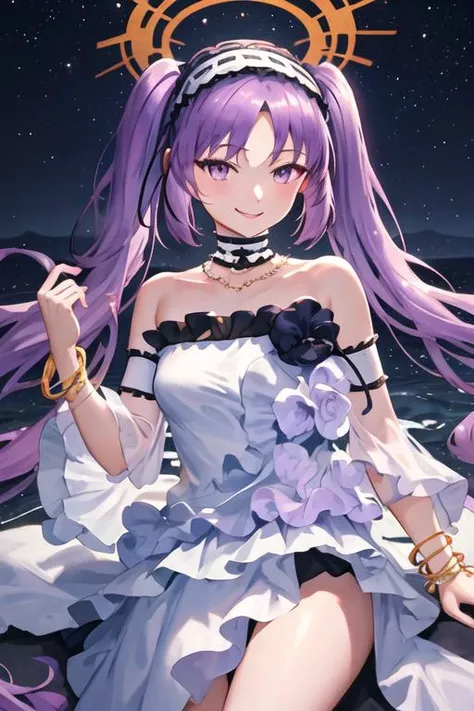 best quality, masterpiece, highres, solo, {stheno_fgo:1.15}, long_hair, twintails, purple_hair, hairband, purple_eyes, lolita_hairband, smile, very_long_hair, jewelry, bangs, 1girl, bare_shoulders, bracelet, choker, dress, frilled_hairband, frills, looking...