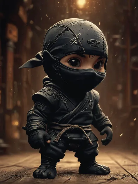 a little kid in a ninja outfit standing on a wooden floor