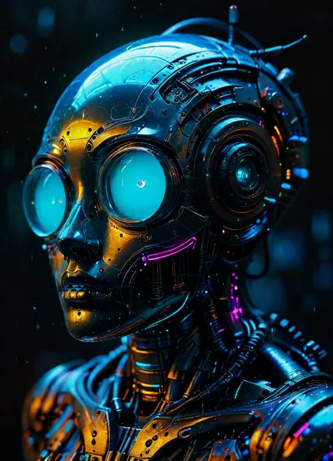 a close up of a robot with glowing eyes and a head