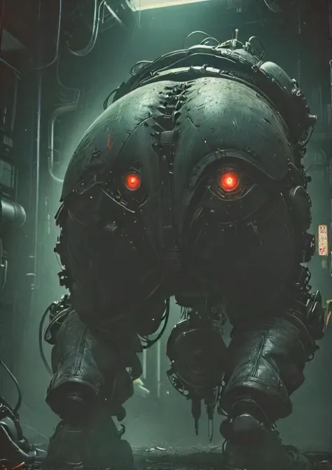 a close up of a robot with red eyes in a dark room