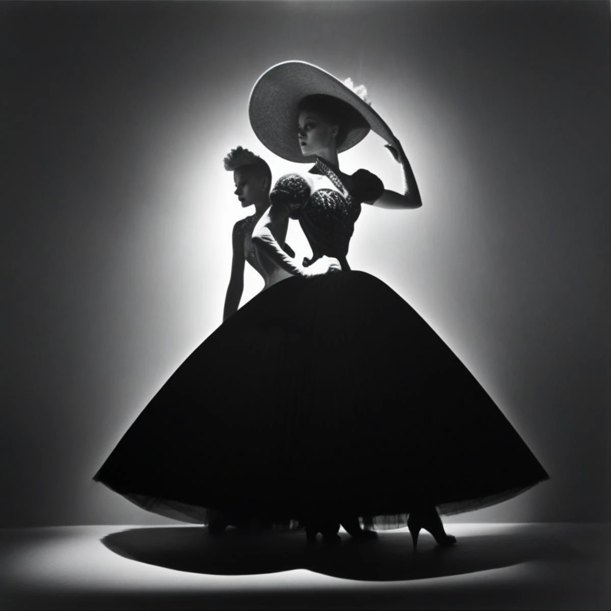 a black and white photo of a woman in a dress and hat