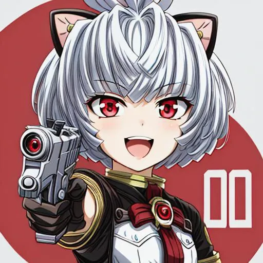 a close up of a person holding a gun in front of a red circle