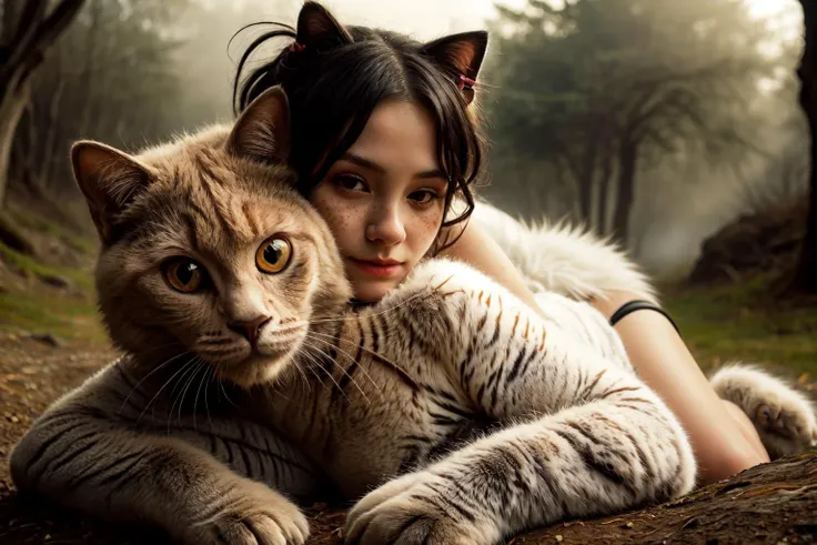 (best quality, masterpiece, high resolution:1.3), A girl riding on the back of a very big cat, outdoor, full body, portrait, hyperdetailed, perfect lighting, 8k, hdr, cinematic, love atmosphere, happines, volumetric fog, absurdes, dreamlike, surreal, fanta...