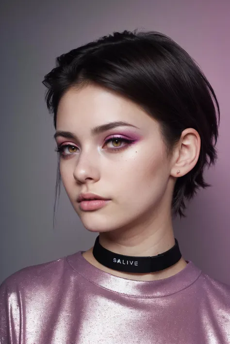 a woman with a choke necklace and purple makeup looks at the camera