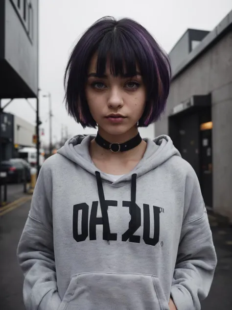 raw photo, a cute afraid girl, purple stacked bob, 20 years old, curl mascara, glitter eyeliner, buff, choker, realistic skin texture, oversize hoodie, (Army Green:0.8), hardcore, cold lighting, morbid atmosphere, instagram style, fashion (ramen shop:1.1),...