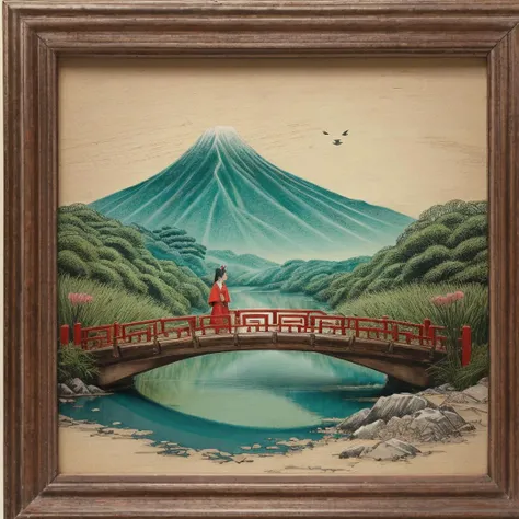 diorama, abstraction vintage chinese folk art, solo, a cute little girl, kimono, green hair, elf ears, old tree, river, wooden bridge, mountain, meditation, birds, 2d, muted colors, thick hatching, paper texture