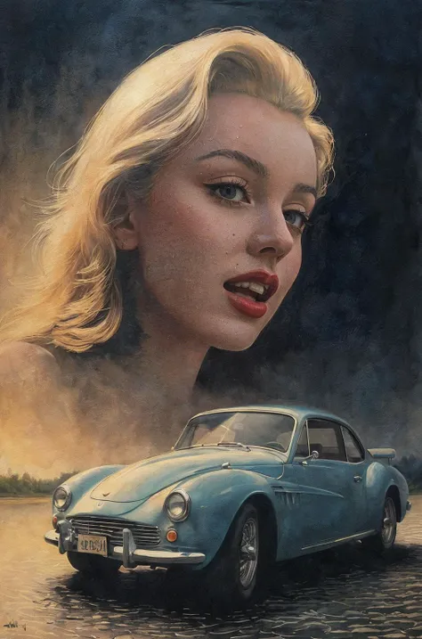 ((best quality)), ((masterpiece)), RTX, 8k, HDR, Best Quality, Cinematic Movie Story, Marilyn Monroe standing and posing next to a vintage sports car, Night, Dark, Misty, Wet asphalt, hills, splashing water, pop icon colors, Realistic Art, Digital Illustra...