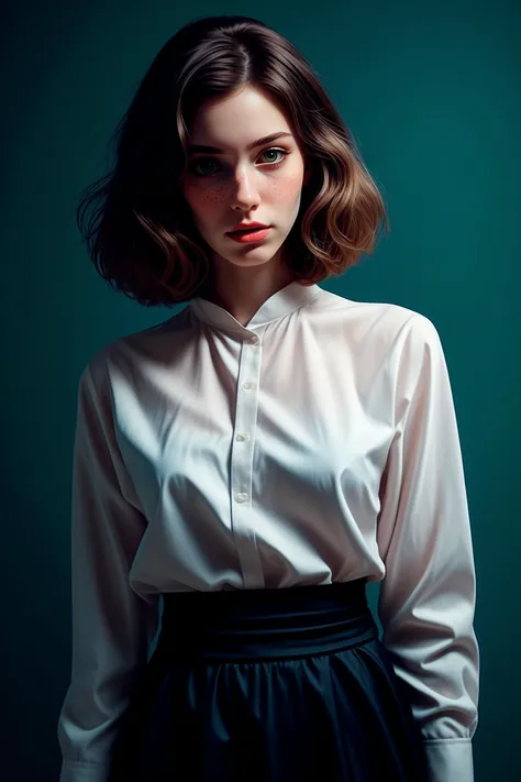 0ill1k3, a cowboy shot of a woman, 24 years old, (pale skin, nose freckles, blue eyes), blonde hair, bob hair, thin linen shirt, skirt, (dark, dimly lit, low key, silhouette), (simple background, black background):1.4, <lora:add_detail:1>,  <lora:0ill1k3:0...