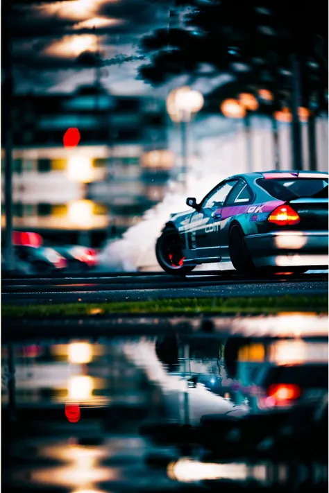 car drifting, cardrifting, street, night, heavy rain, raindrops, sky,reflection, smoke, tiresmoke, wide shoot, blurry background, depth of field,<lora:stylephysicscardrifting2.safetensors:1.2:1.2>