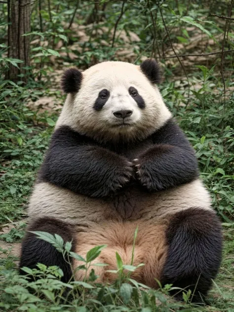 panda sitting on its hind legs in the grass in a forest