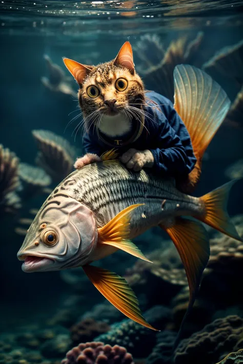 there is a cat that is sitting on a fish in the water