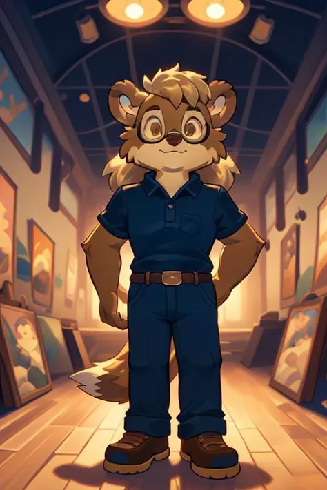 1male, solo, twink, anthropomorphic, countershading, blond hair, fox, long hair, (light brown fur:1.5, light brown forearm:1.5, light brown hands:1.5), brown ears, black eyebrows, black nose, glasses, posing, happy, smile, white polo shirt, dark blue jeans...