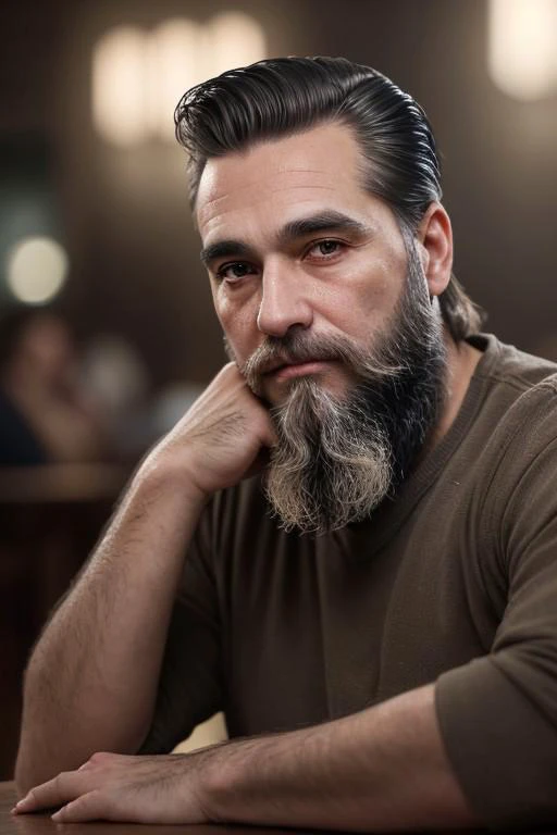 Rugged scruffy weathered old man, a portrait of a handsome man with a rugged, thick beard, longer hair slicked back, capturing a slightly befuddled expression, he is sitting at the table, focus is on his facial expressions and the subtle details like the t...