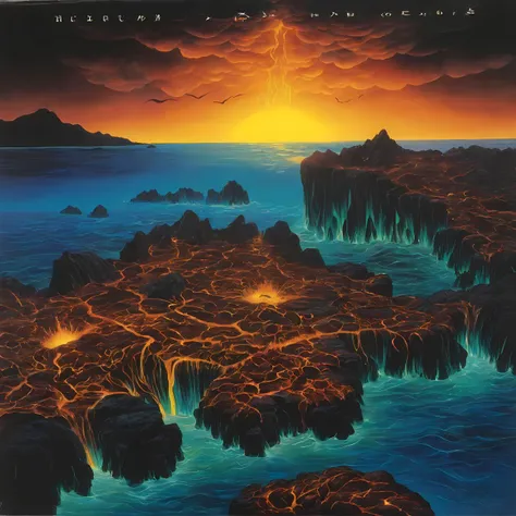 a vinyl album with, vinyl, record jacket, vinyl cover from 1988,  album cover art, top-rated, top - rated, 80s, album art, 

 
Underwater palace, shimmering golden domes, floating kelp forests, marine wildlife, Volcanic cavern, rivers of molten lava, black...