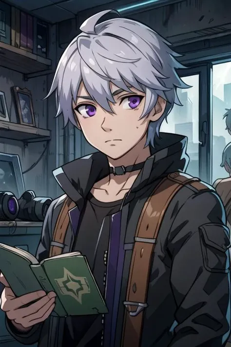 masterpiece, best quality, game cg, 1boy, solo, male focus, looking at viewer, upper body, , <lora:liu_mi:0.68>, liu_mi, grey hair, purple eyes, leprechaun costume, science fiction apocalyptic and post-apocalyptic,