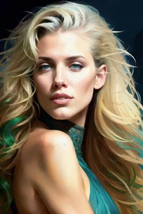 portrait photo of annly ,(blue and green), (dirty blonde hair), alluring portrait, intricate, highly detailed, digital painting, artstation, concept art, naughty, sharp focus, cinematic lighting, illustration, art by artgerm and greg rutkowski, alphonse mu...