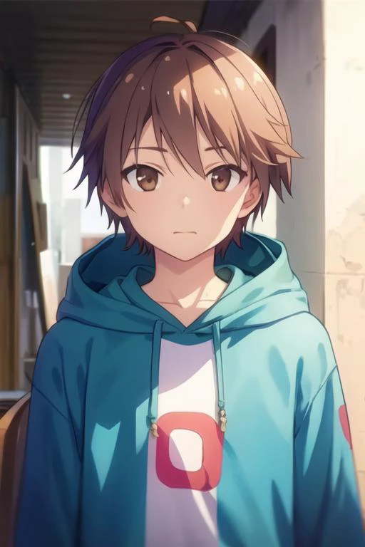 masterpiece, best quality, illustration, 1boy, solo, male focus, looking at viewer, upper body, depth of field, <lora:sorata_kanda:0.66>, sorata_kanda, brown hair, brown eyes, hoodie,