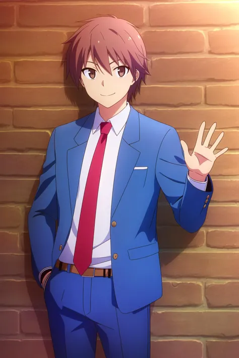 masterpiece, best quality, 1boy, sorata_kanda, upper body, looking at viewer, against wall, brick wall, light smile, blue jacket, white shirt, red necktie, blue pants, (hand in pocket, hand up, waving),