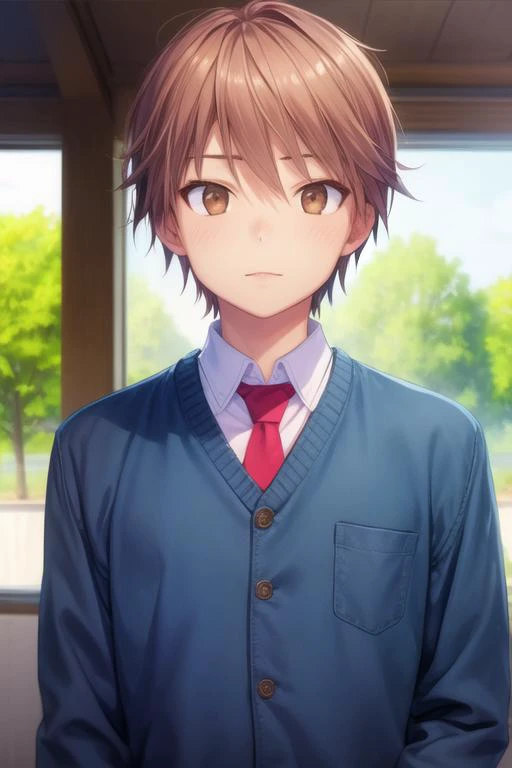 masterpiece, best quality, illustration, 1boy, solo, male focus, looking at viewer, upper body, depth of field, <lora:sorata_kanda:0.70>, sorata_kanda, brown hair, brown eyes, school uniform,