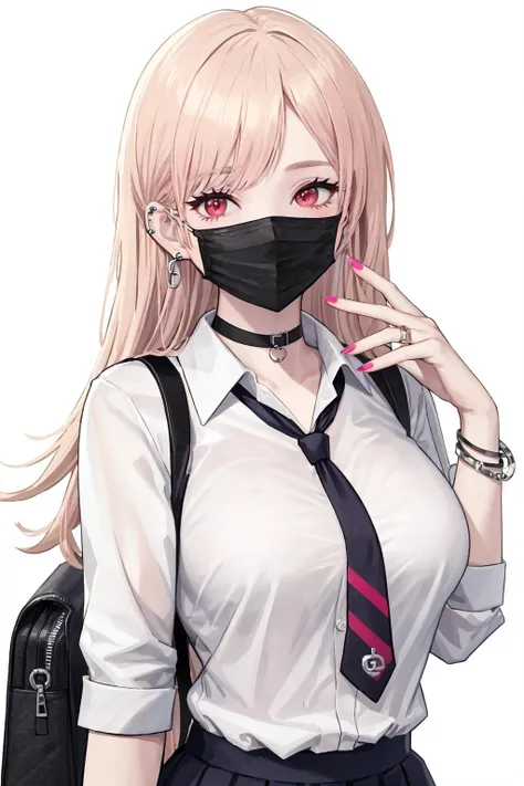 1girl,kitagawa marin,blonde hair,solo,shirt,choker,black choker,necktie,long hair,school uniform,white background,red eyes,white shirt,mouth mask,looking at viewer,simple background,jewelry,earrings,bangs,collared shirt,blush,upper body,pink nails,v,bag,na...