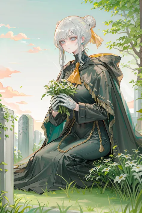 nslacka, 1girl, flower, joints, solo, doll joints, cloak, tombstone, sitting, tree, own hands together, grey hair, bangs, long hair, gloves, white flower, swept bangs, outdoors, blue eyes, graveyard, white hair, grey eyes, jewelry, dress, hair bun, closed ...