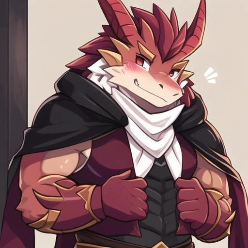 (bara,muscular),dragon,looking at viewer,head on arm,cloak,blush