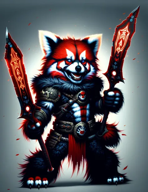 cute anthro red panda death knight, DonMD34thKn1gh7 wielding runeblade, blue glowing runes,  <lora:DonMRun3Bl4d3-000008:0.95>