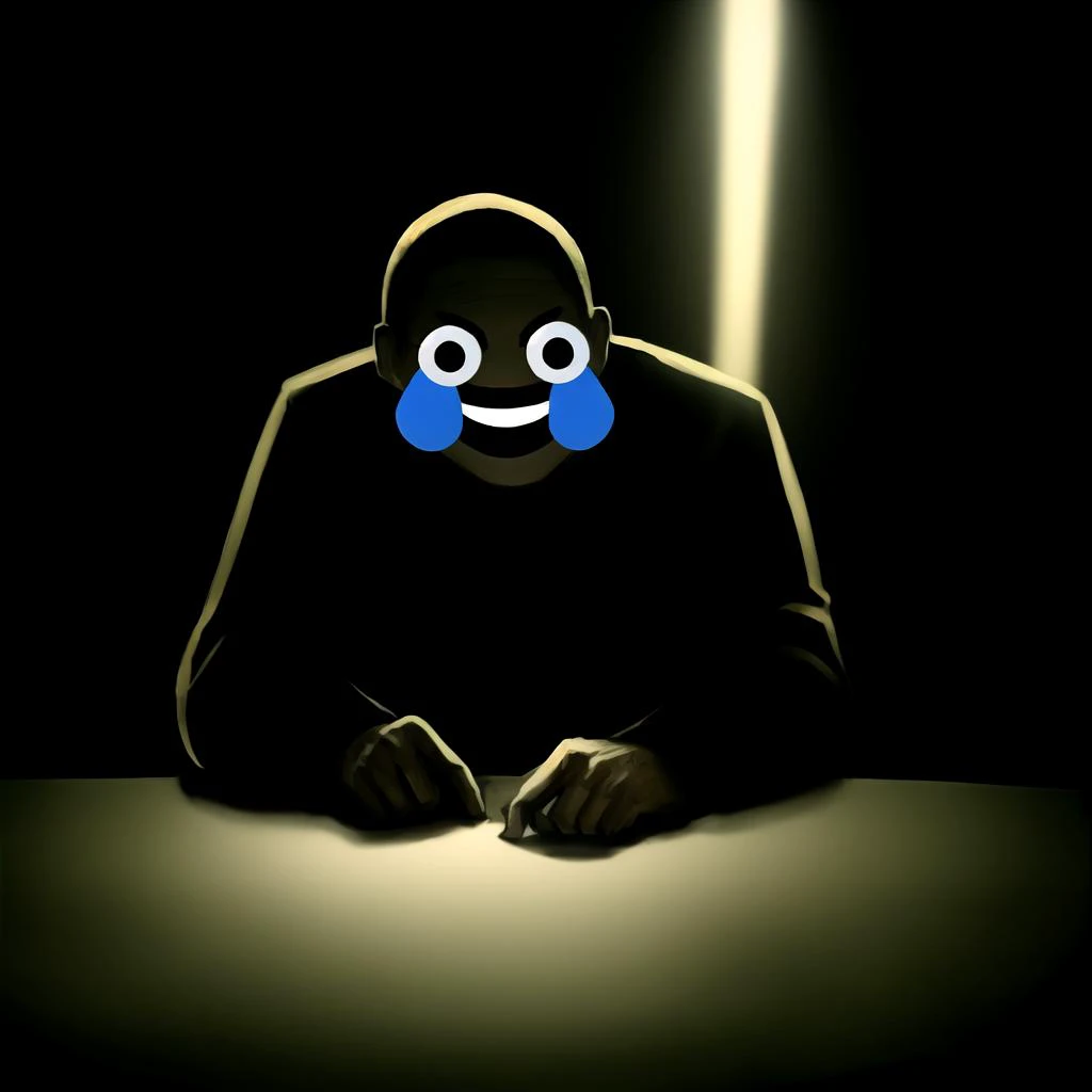 best quality, horror, agonymouth, emoji face, looking at viewer, 1boy, table, sitting, shadows, (spotlight, dim lighting, black background:1.3), <lora:acrossTableConcept_v10:0.75>,  <lora:darkKukiv1:0.5>