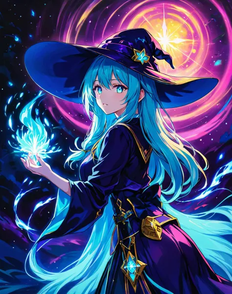 a woman in a witches hat holding a magic ball