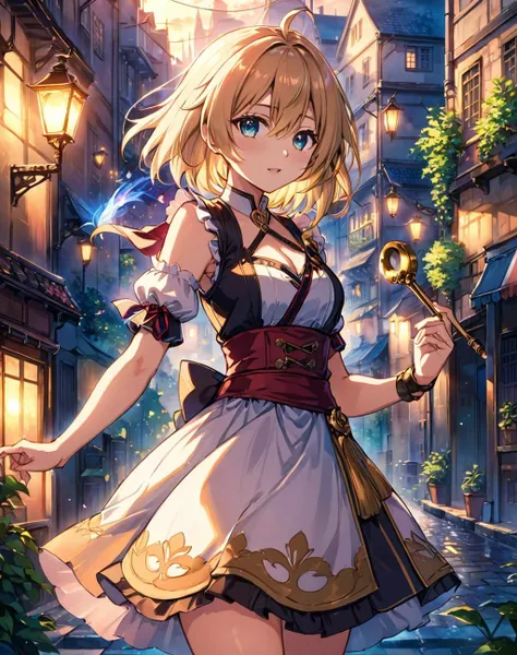 fantasy art, (masterpiece), best quality, highres, 4k, 8k, amazing quality, amazing shading, soft lighting, Illustration, official artwork, anime style, wallpaper, official art, in a city, bard