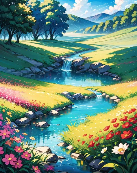 a painting of a stream running through a lush green field