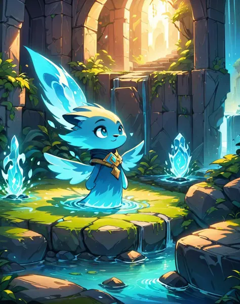 a cartoon image of a little blue bird standing in a stream