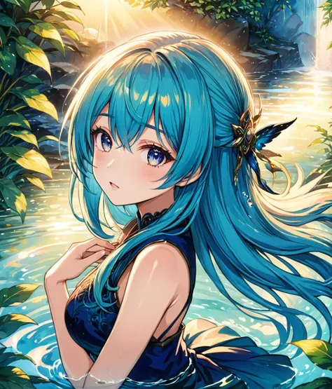 a girl with blue hair and blue eyes in a pond