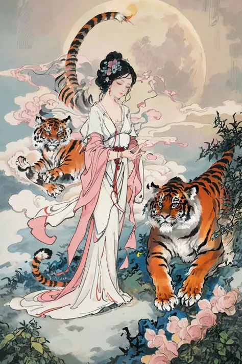 <lora:myth:0.6>,1girl,moon,dress,cloud,flowers,tiger,, (masterpiece, best quality, high quality, highres, ultra-detailed),