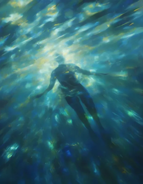 Abstract painting. Long shot, shot of a woman underwater swimming toward the ocean surface. light beam