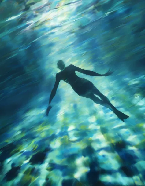 Abstract painting. Long shot, shot of a woman underwater swimming toward the ocean surface. light beam